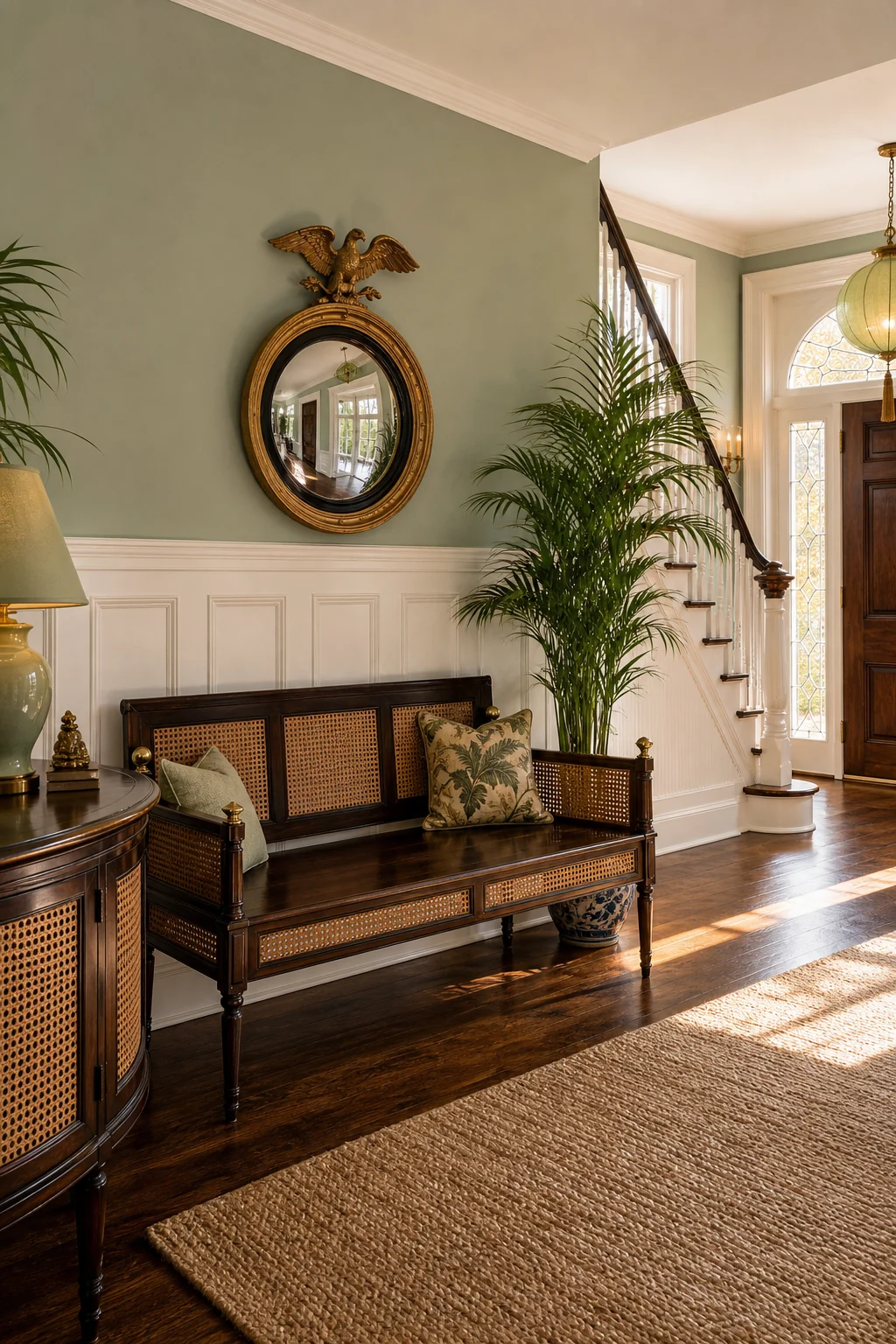 Entryway vignette featuring a dark Indochine teak bench with cane detailing beneath a classic Federal convex mirror on celadon green walls.