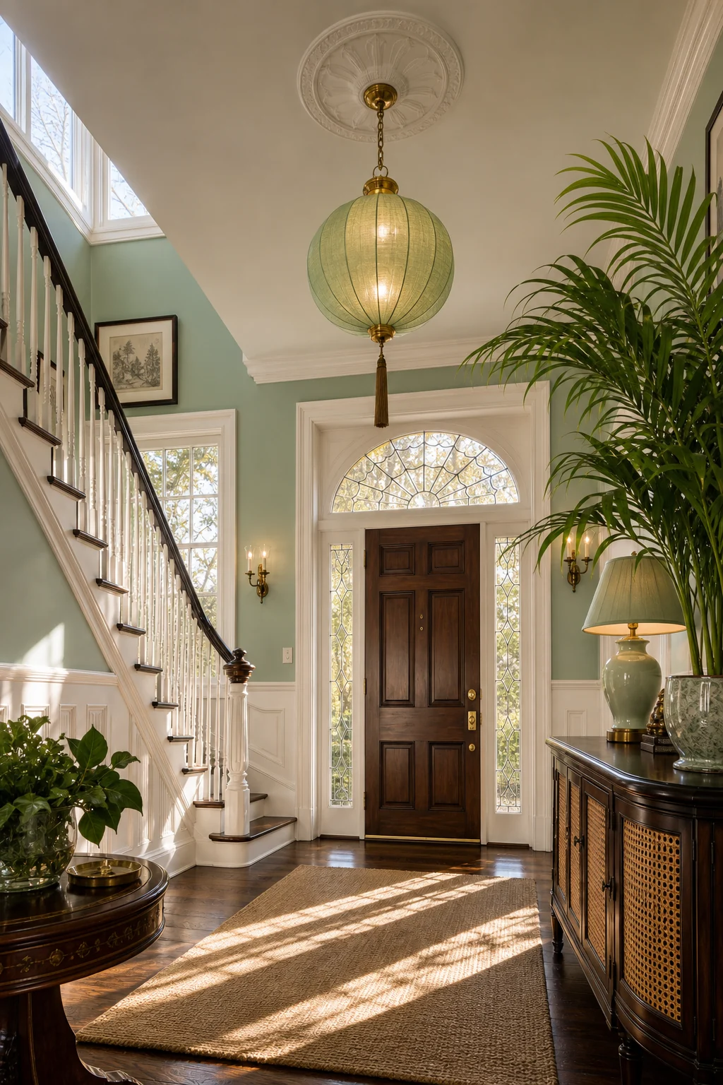 Low-angle view looking up at a glowing celadon-green Indochine silk lantern hanging from a traditional Federal plaster ceiling medallion.
