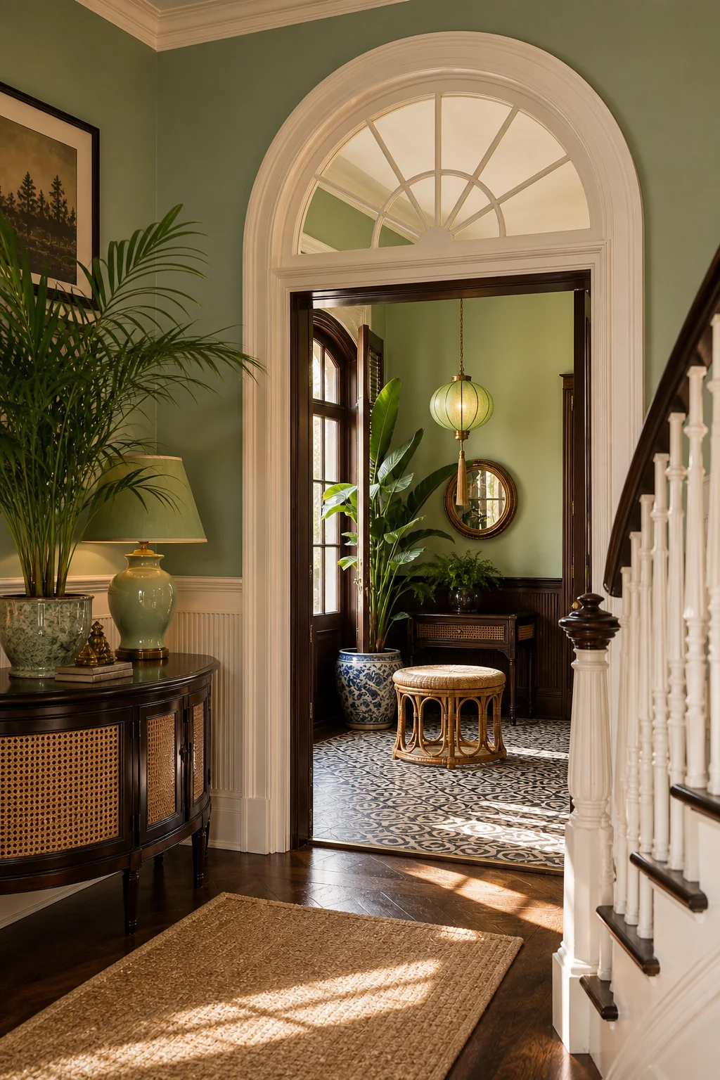 Contextual view through a crisp Federal architectural archway toward a hallway featuring a woven Indochine rattan stool and celadon green walls.