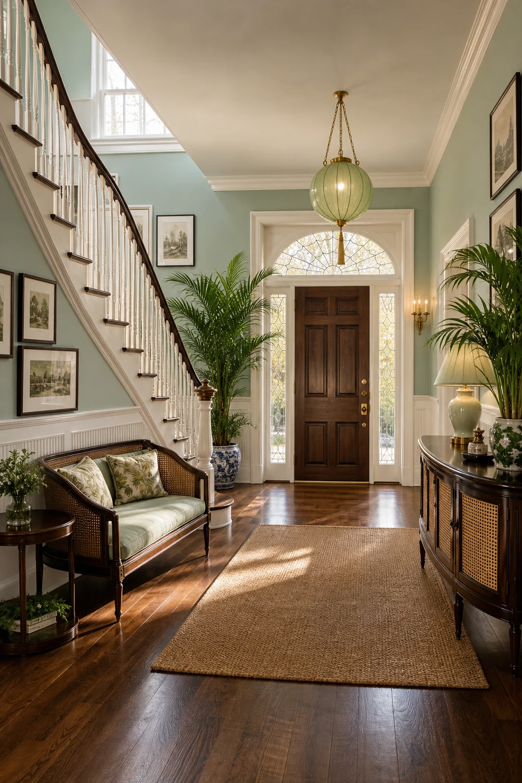 Wide aspirational view from a sweeping Federal staircase looking toward the symmetrical door, balancing architectural restraint with lush Indochine tropical palms.