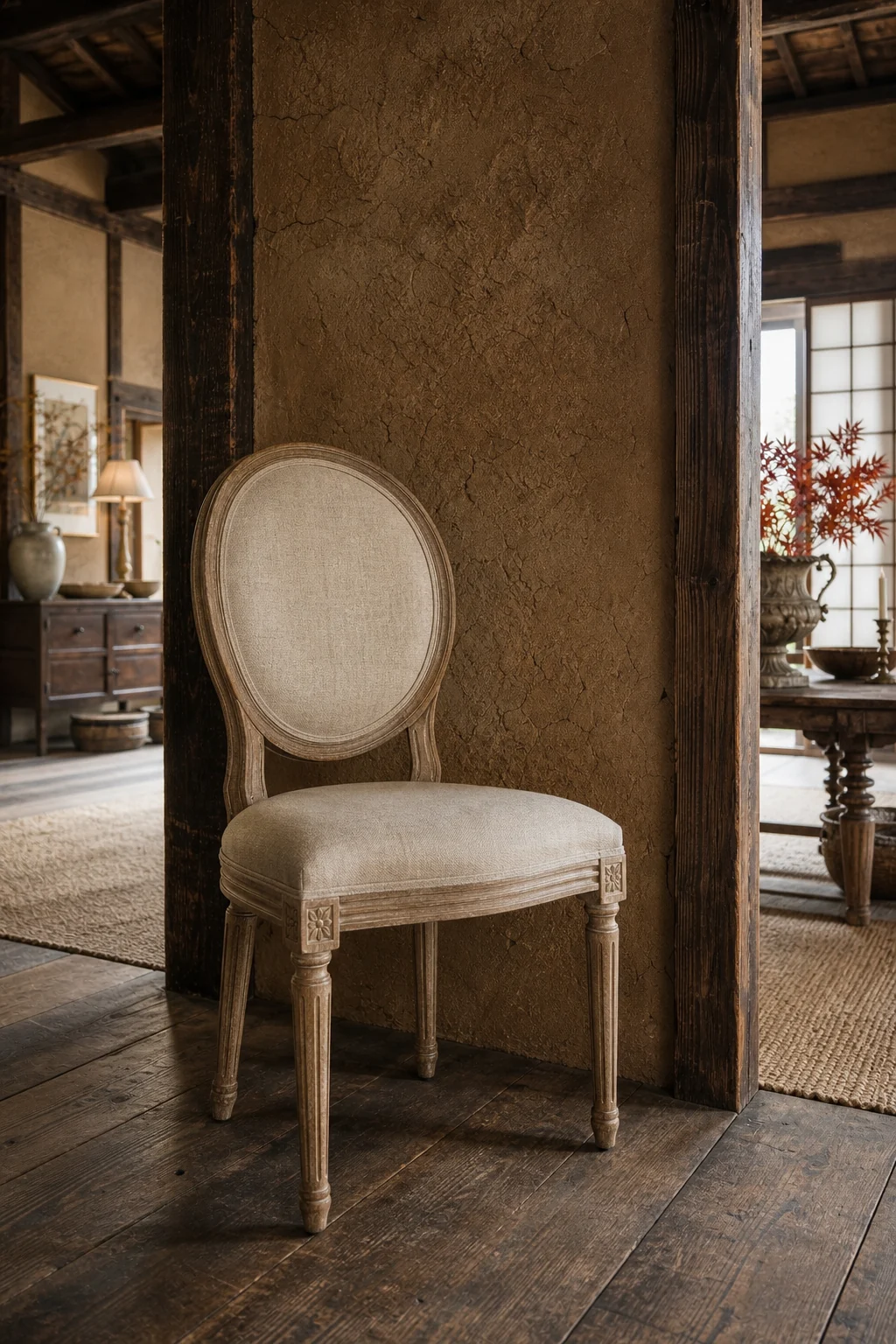 Close-up of a French medallion chair against a textured Minka earthen wall.