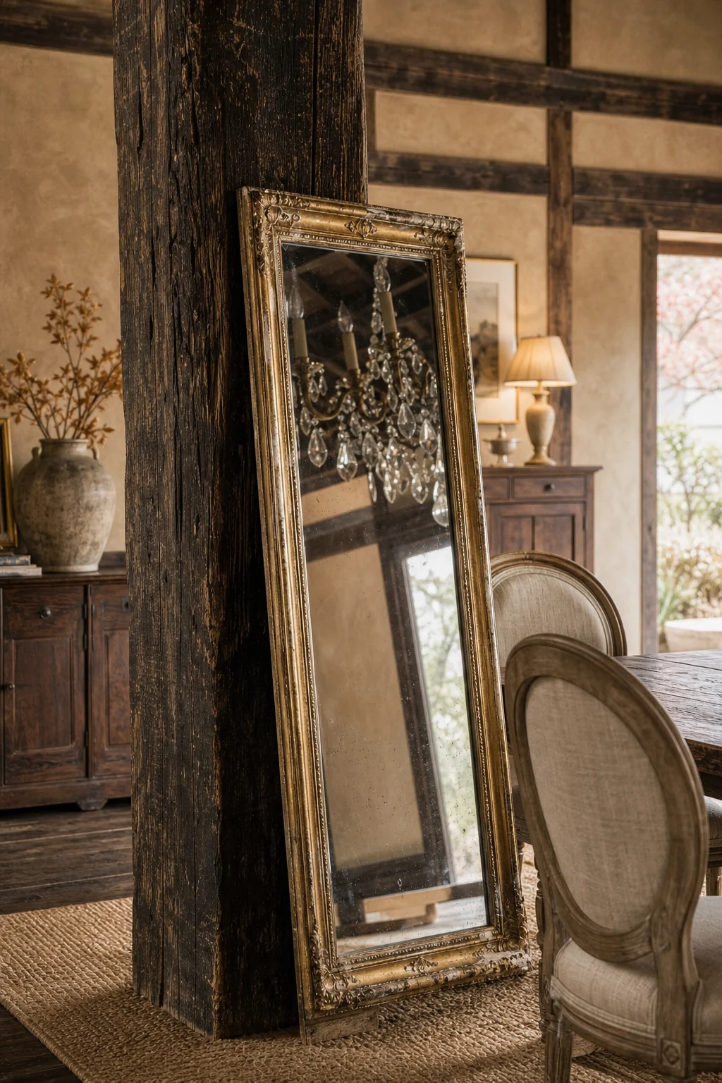 Massive dark Minka timber pillar with a leaning French gilt mirror.