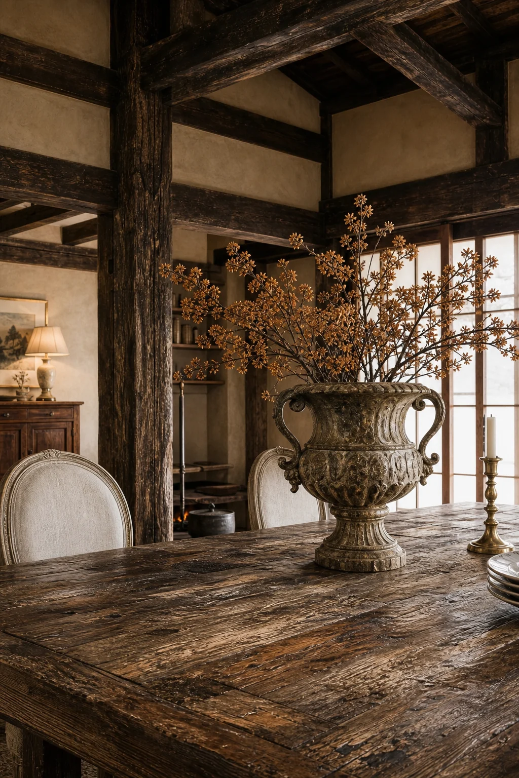 Distressed oak French table matching the dark Minka ceiling beams.