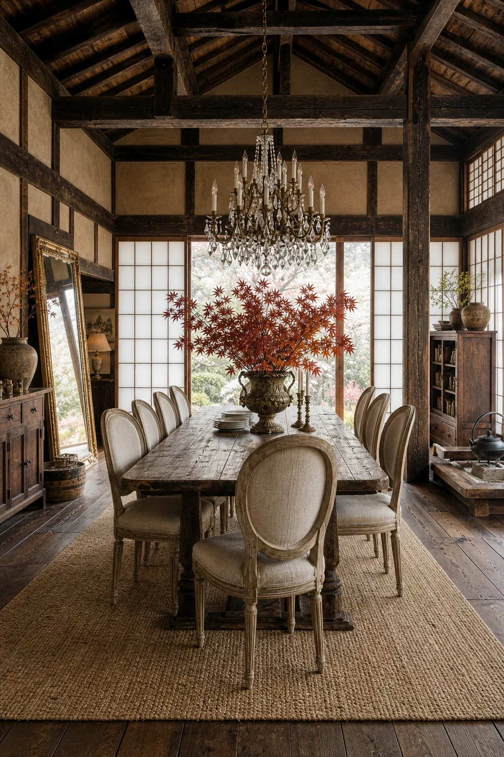 Complete dining vignette with French table and chairs inside a Minka.