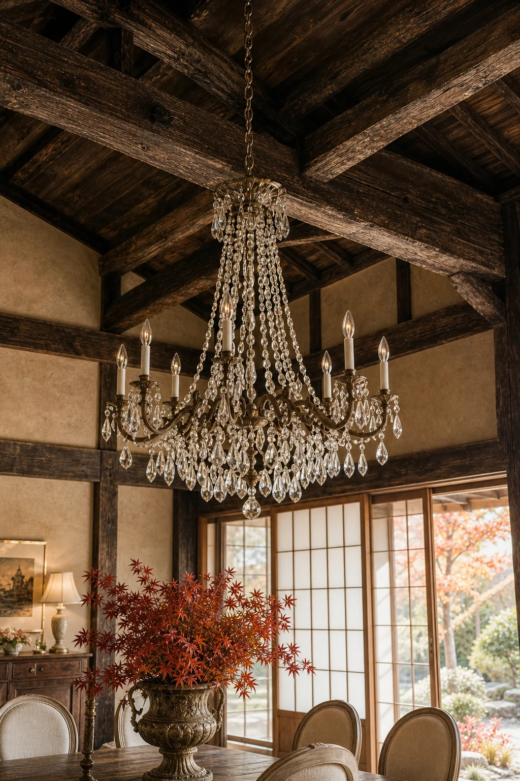 French crystal chandelier illuminated by light from Minka shoji screens.