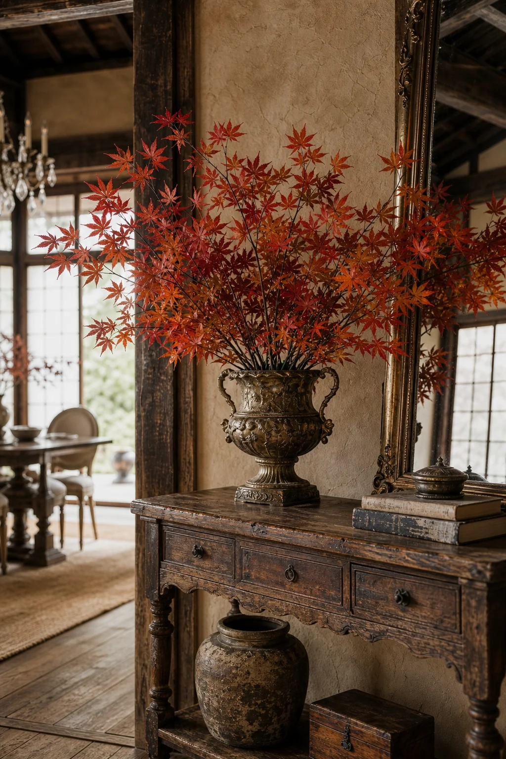 French urn with autumn maple branches on a Minka console.