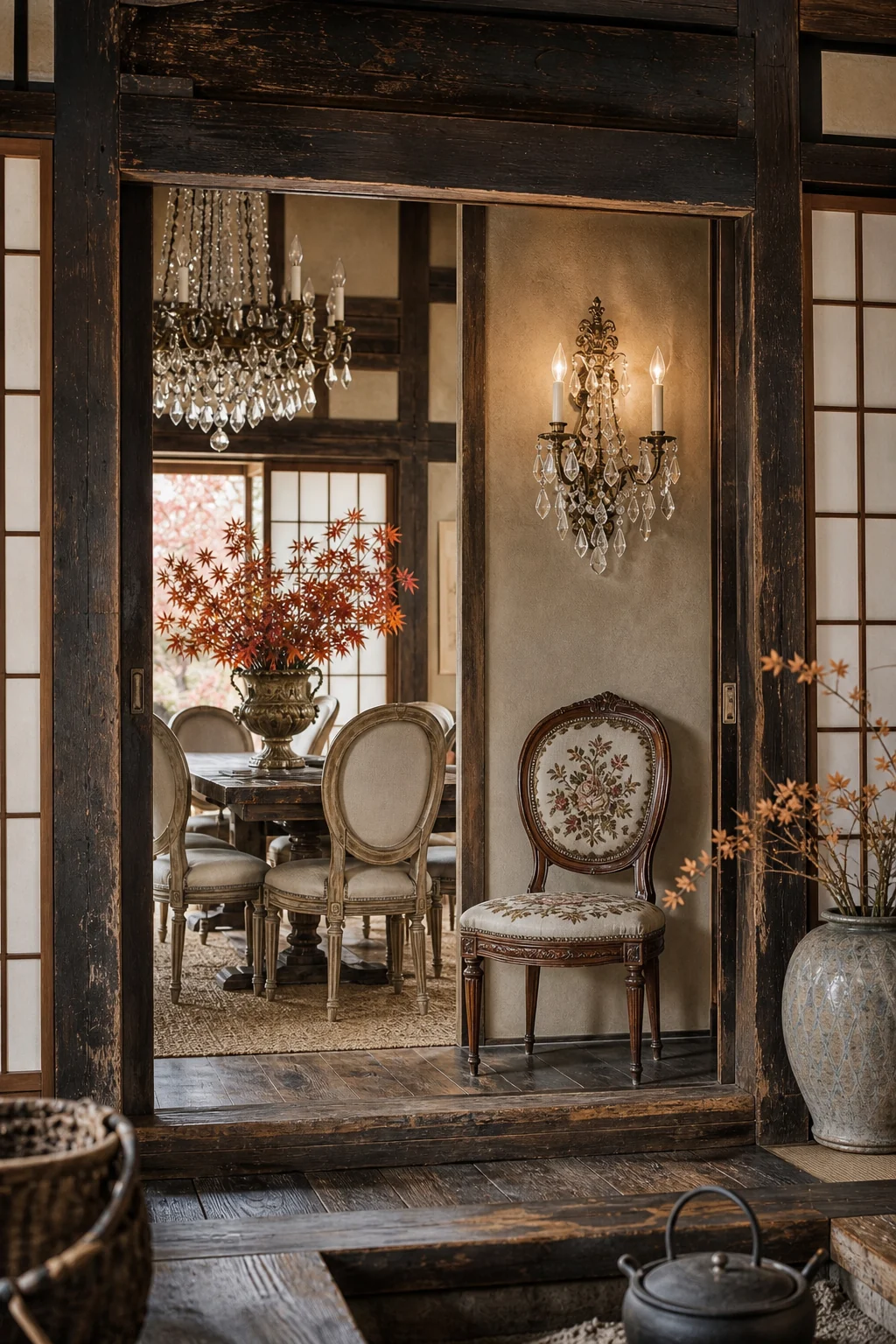 View through a Minka doorway revealing a French dining chair.