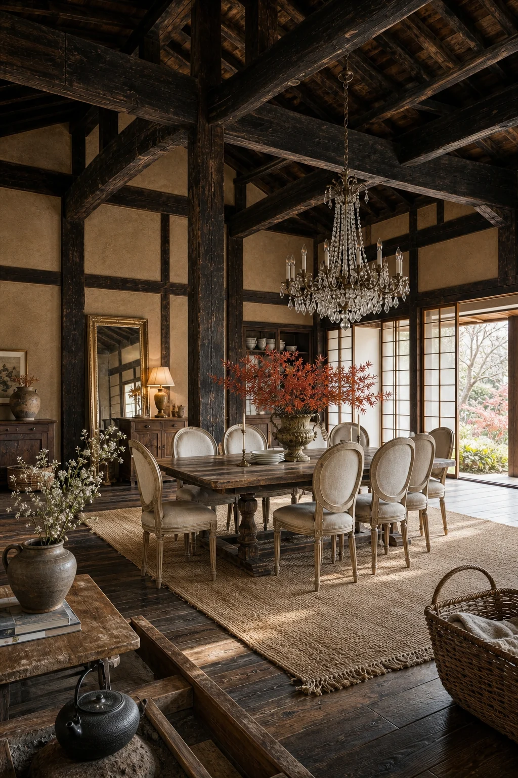 Wide view of the harmonious French Traditional and Minka dining room.
