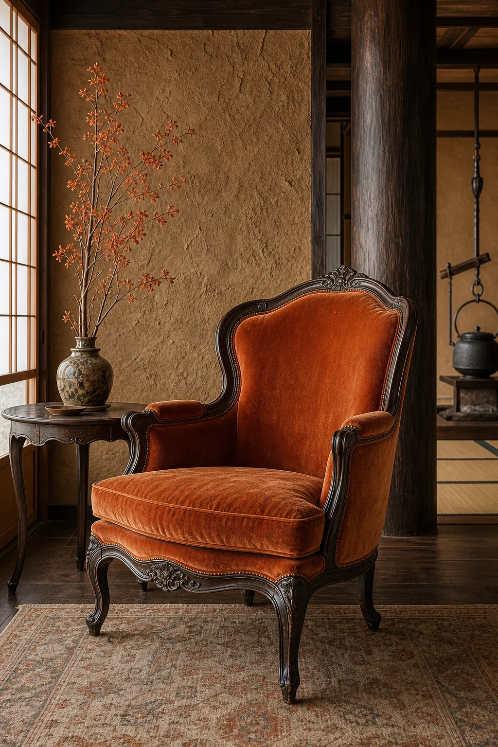 A Louis XV bergere chair with dark wood and ochre velvet placed against a rough clay-beige earthen wall.