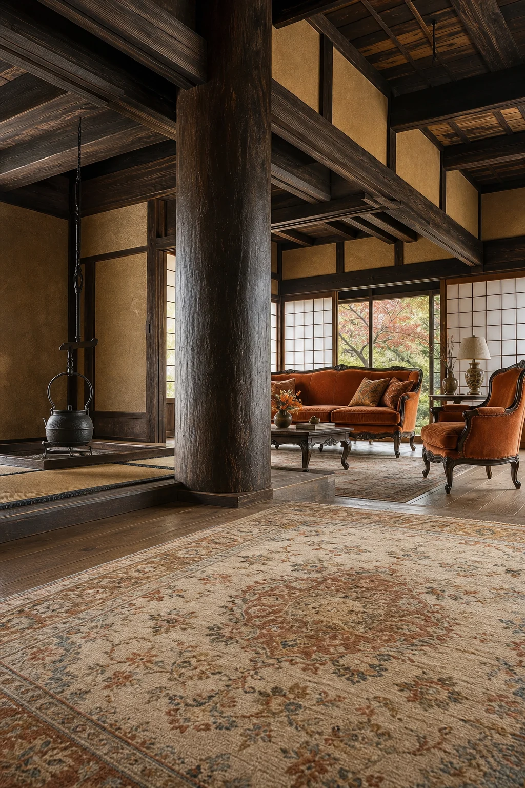 Looking up at a massive dark smoked-chestnut timber pillar with an antique French rug on the cedar floor below.