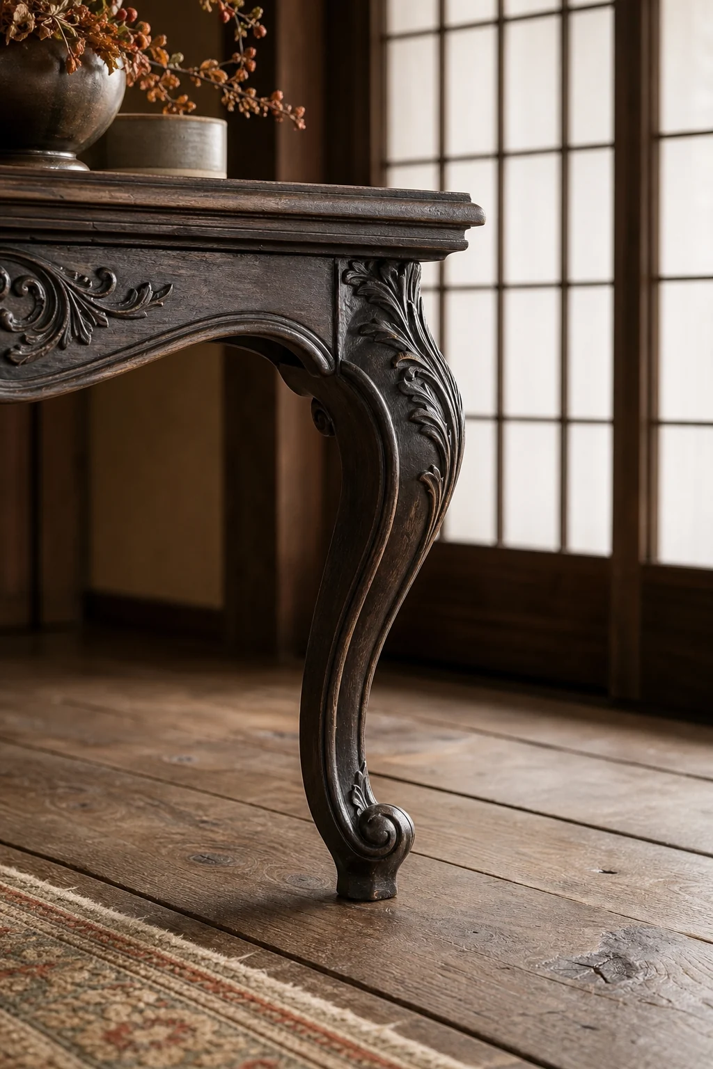 Close-up of a carved wooden cabriole leg stained dark matte to match the rustic Japanese floorboards.
