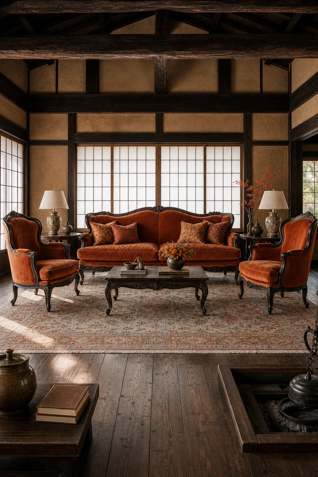 A symmetrical living room layout with a velvet canape and two bergeres surrounded by shoji screens.
