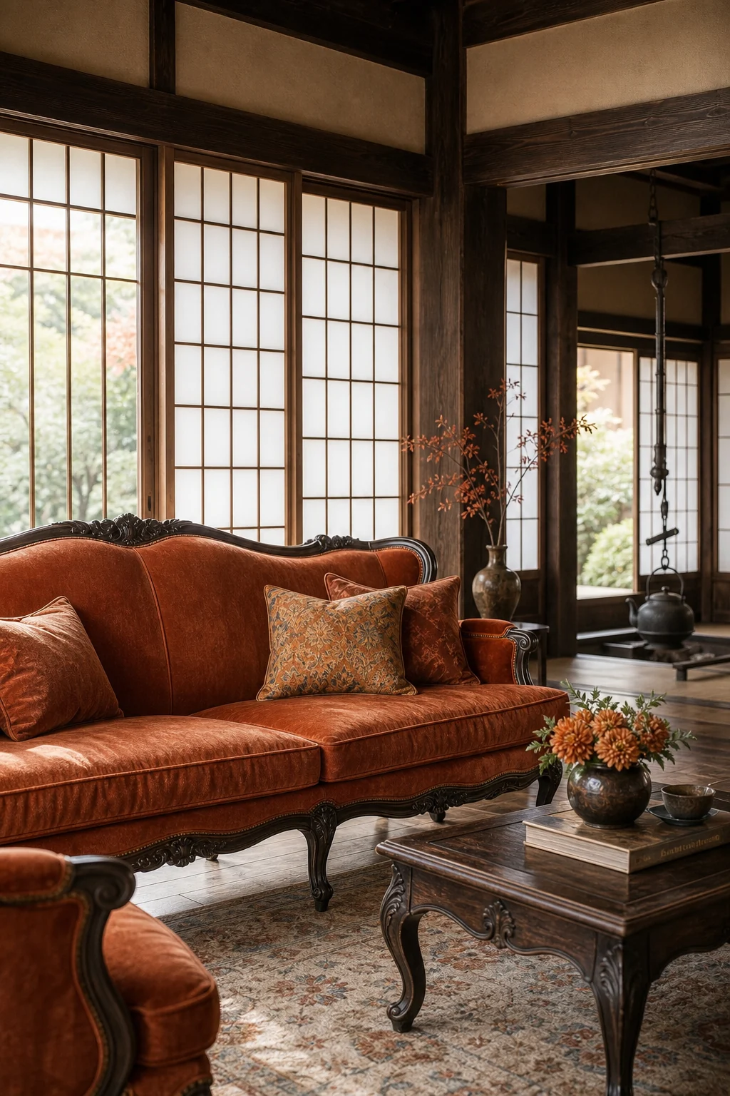 Soft daylight glowing through paper shoji screens onto a plush persimmon velvet sofa.