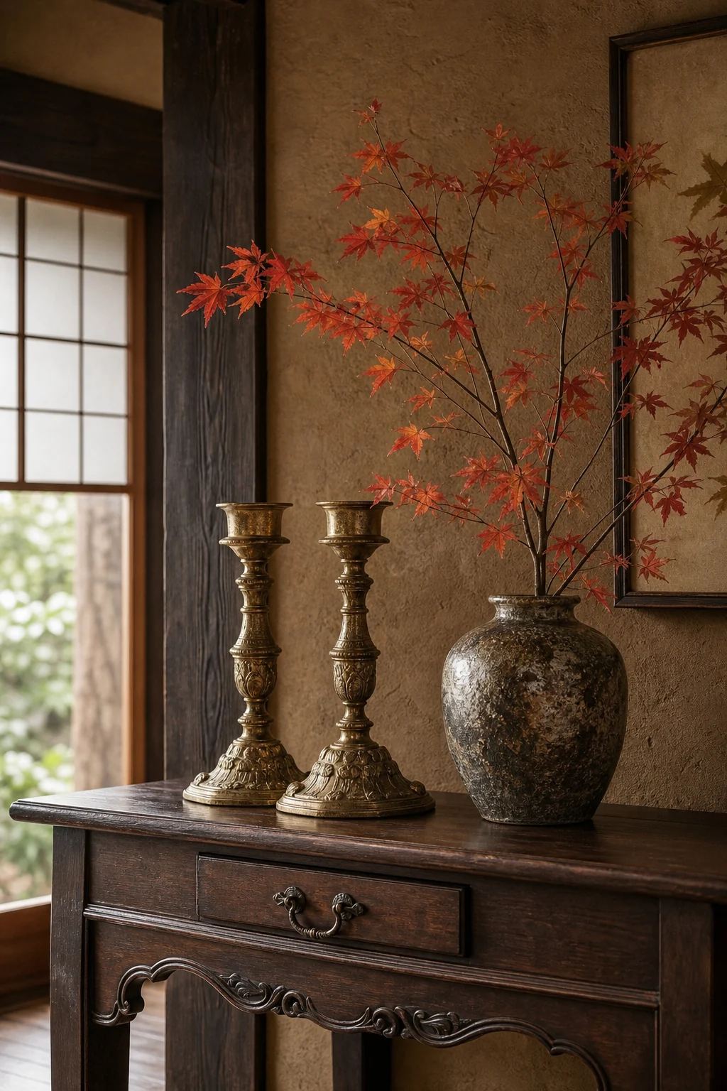 A dark wood console table holding aged brass candlesticks and a rustic ceramic vase with maple branches.