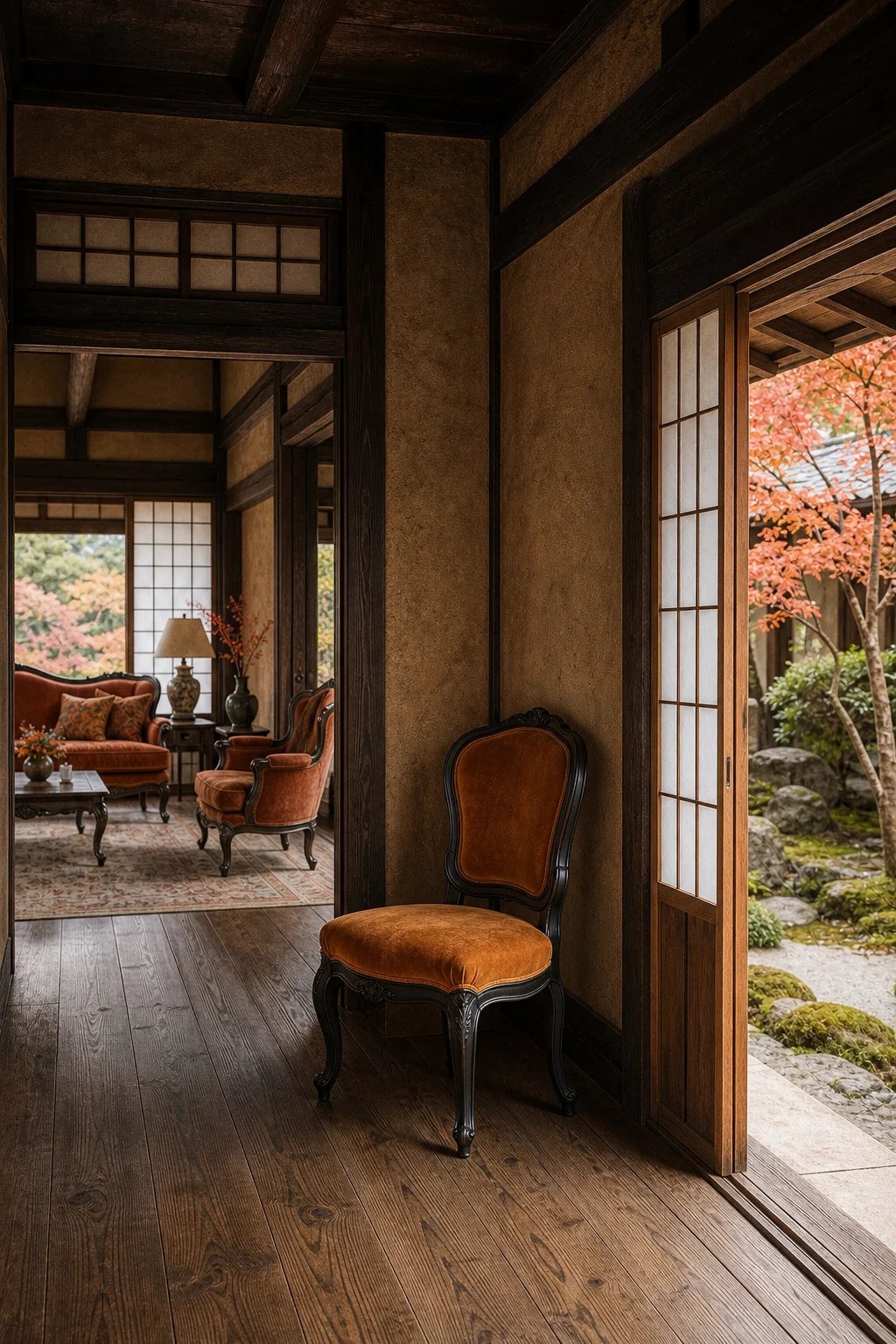 View from a hallway showing a French side chair against a clay wall next to an open shoji screen.
