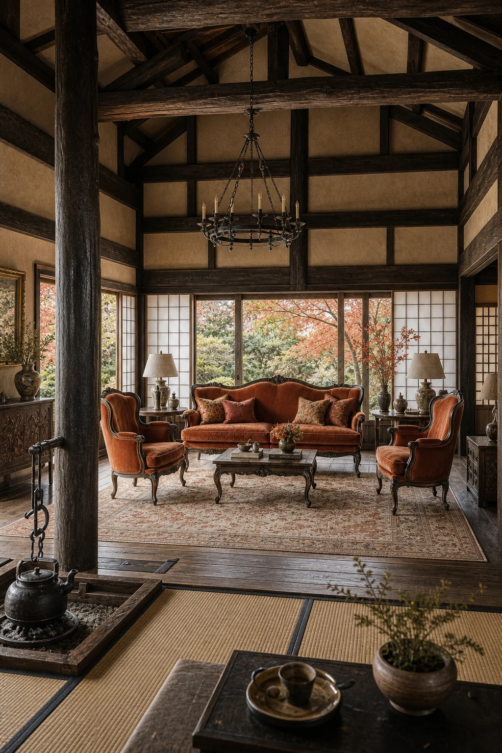 Generous room view showing the successful integration of low-slung European furniture within a heavy Japanese timber frame.