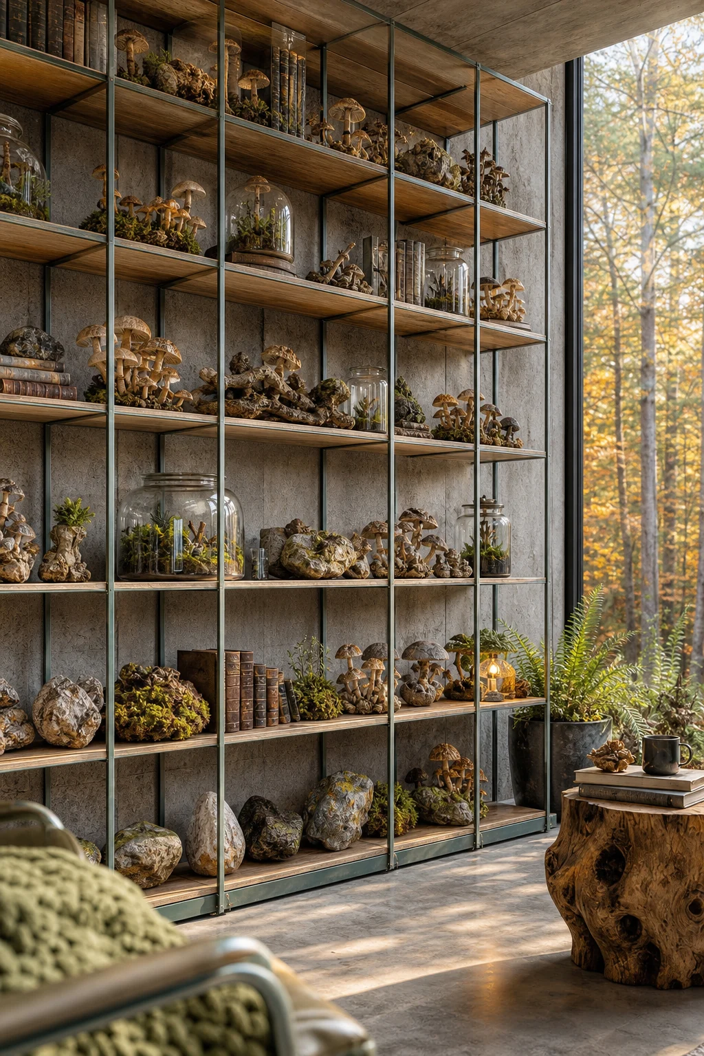 Medium shot of modular grid shelving holding terrariums and dried fungi against a concrete wall.