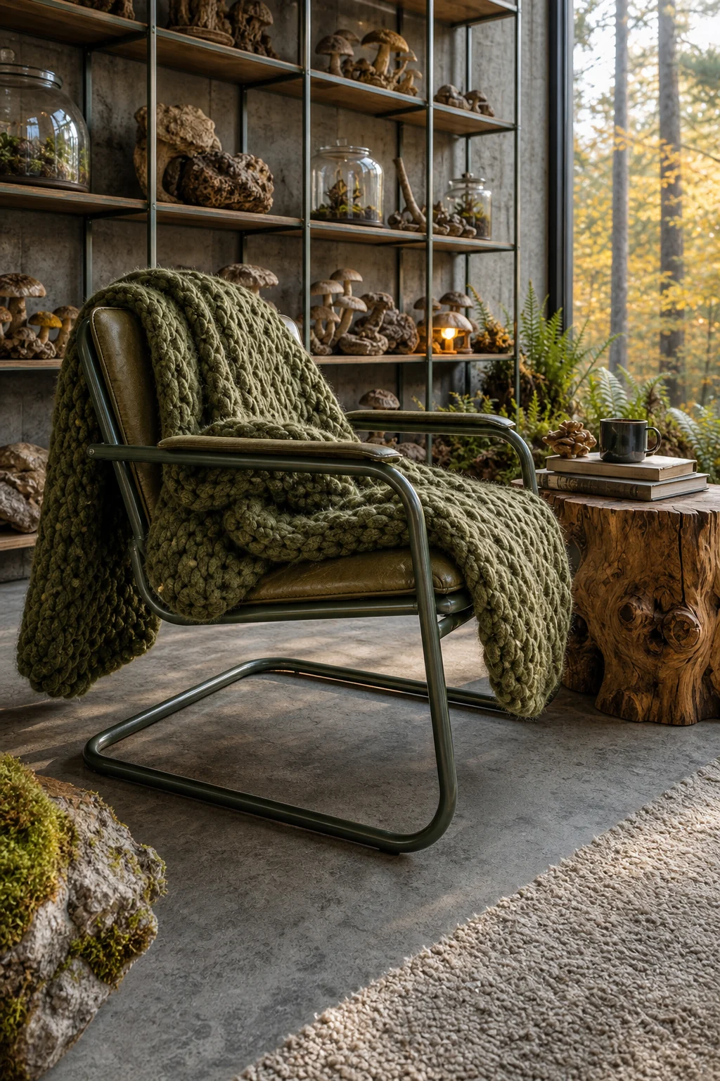 Close-up of a tubular steel cantilever chair draped in a mossy blanket next to a burl wood table.