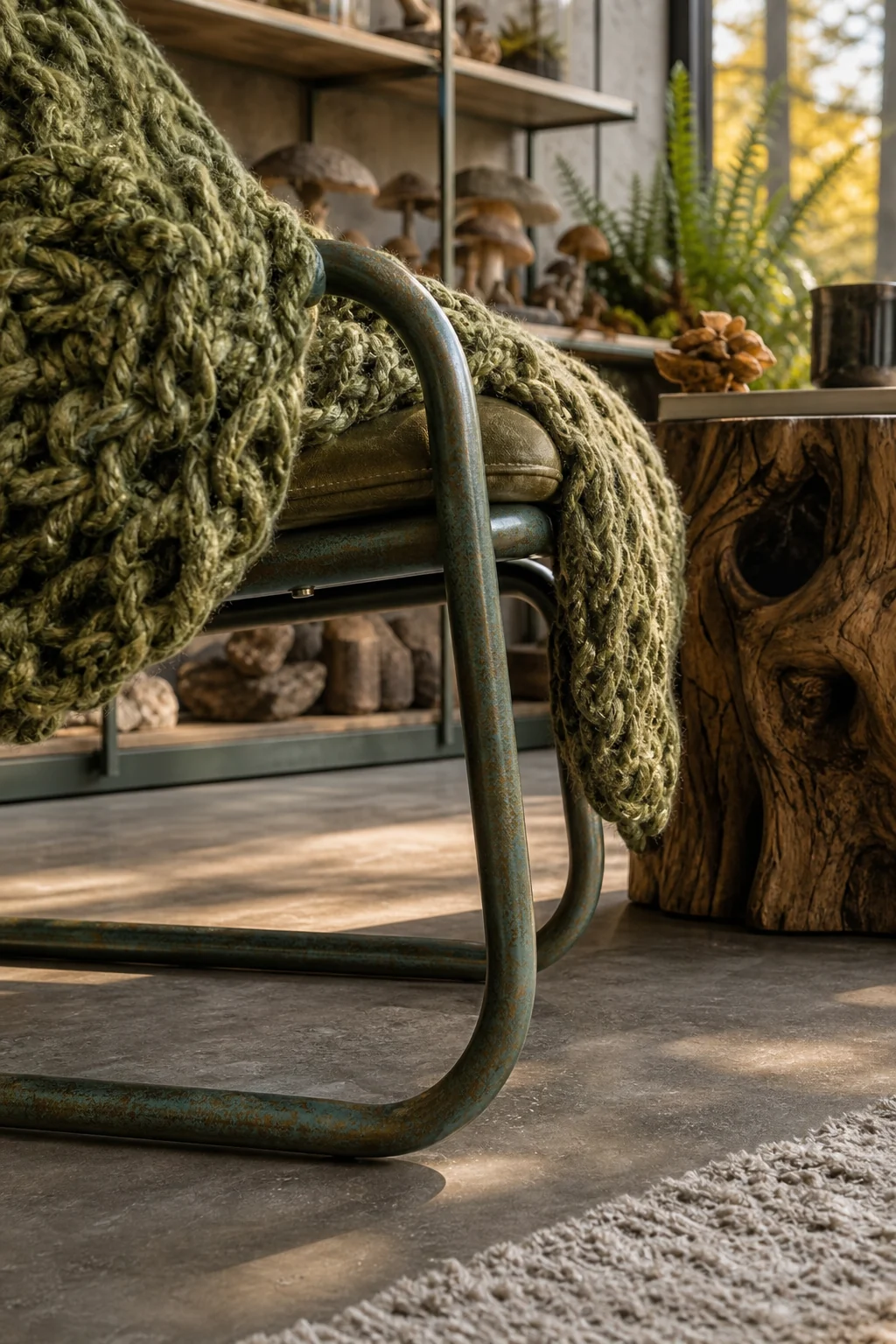 Detail shot of an oxidized steel chair frame resting on a concrete floor next to a green wool blanket.