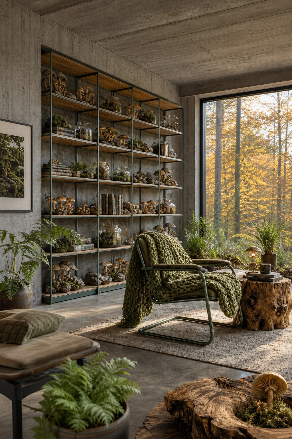 Wide shot of a reading nook featuring a steel chair, modular shelving, and a large window.