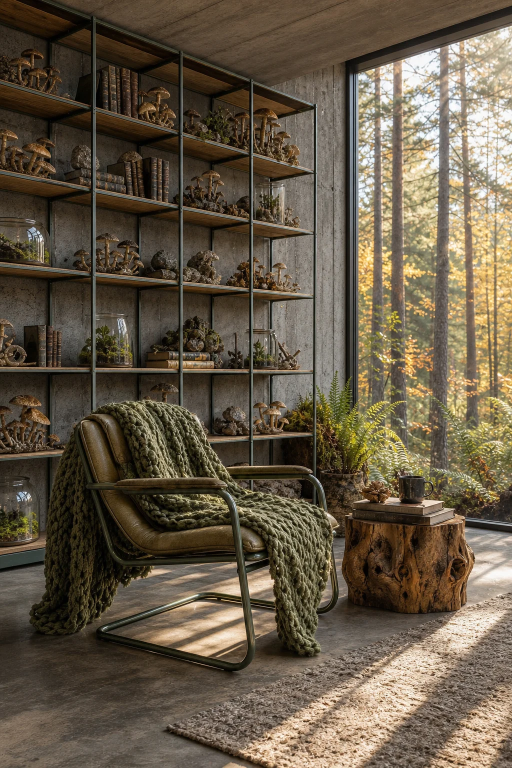 Architectural view of a board-formed concrete wall meeting a large window with autumn light filtering in.