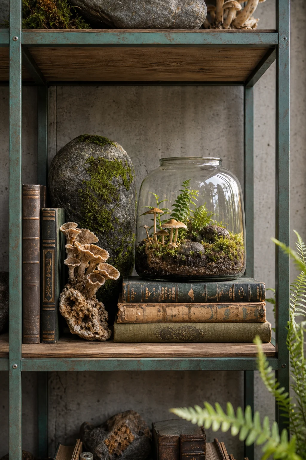 Detail shot of a shelf cubby containing vintage books, a terrarium, and a mossy rock.