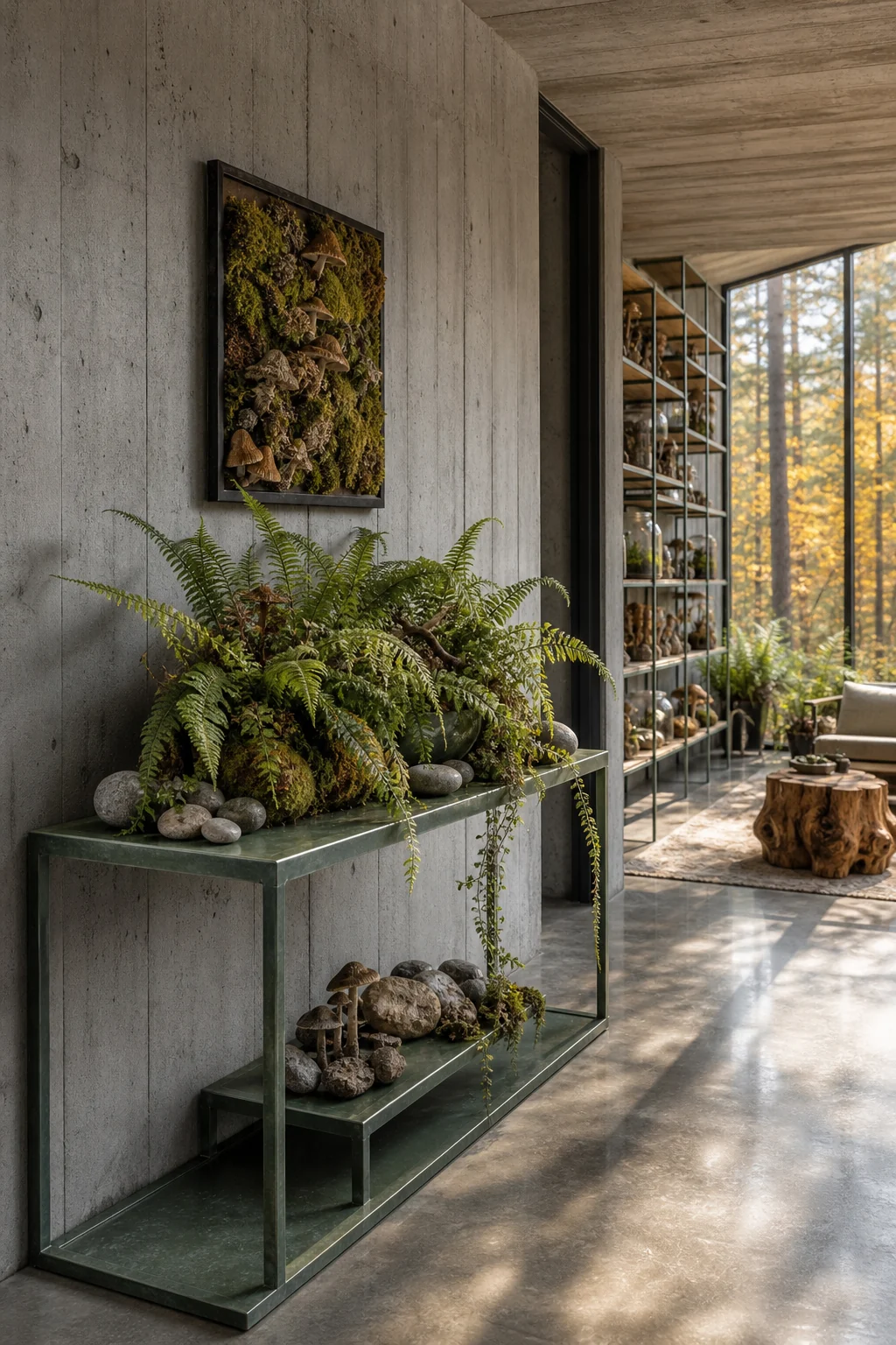 View of a sleek metal console table topped with a fern and river stones in a hallway.