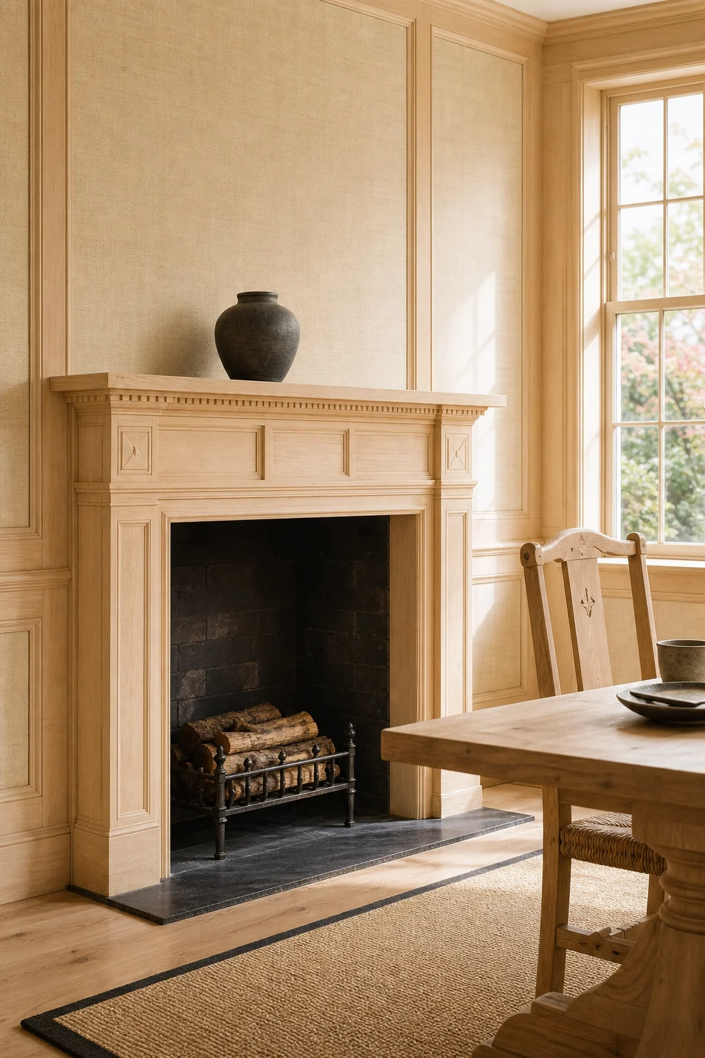 A classical Georgian fireplace mantel carved entirely from unvarnished pale hinoki wood, featuring a single wabi-sabi ceramic vase.