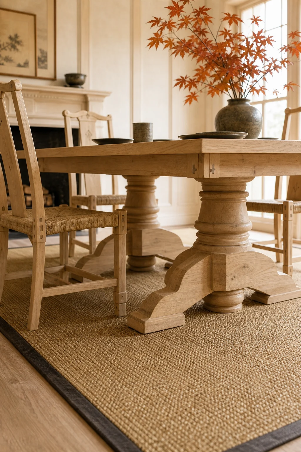 Low angle view of a pale wood Georgian double-pedestal dining table base resting on a green-gold tatami-weave rug.
