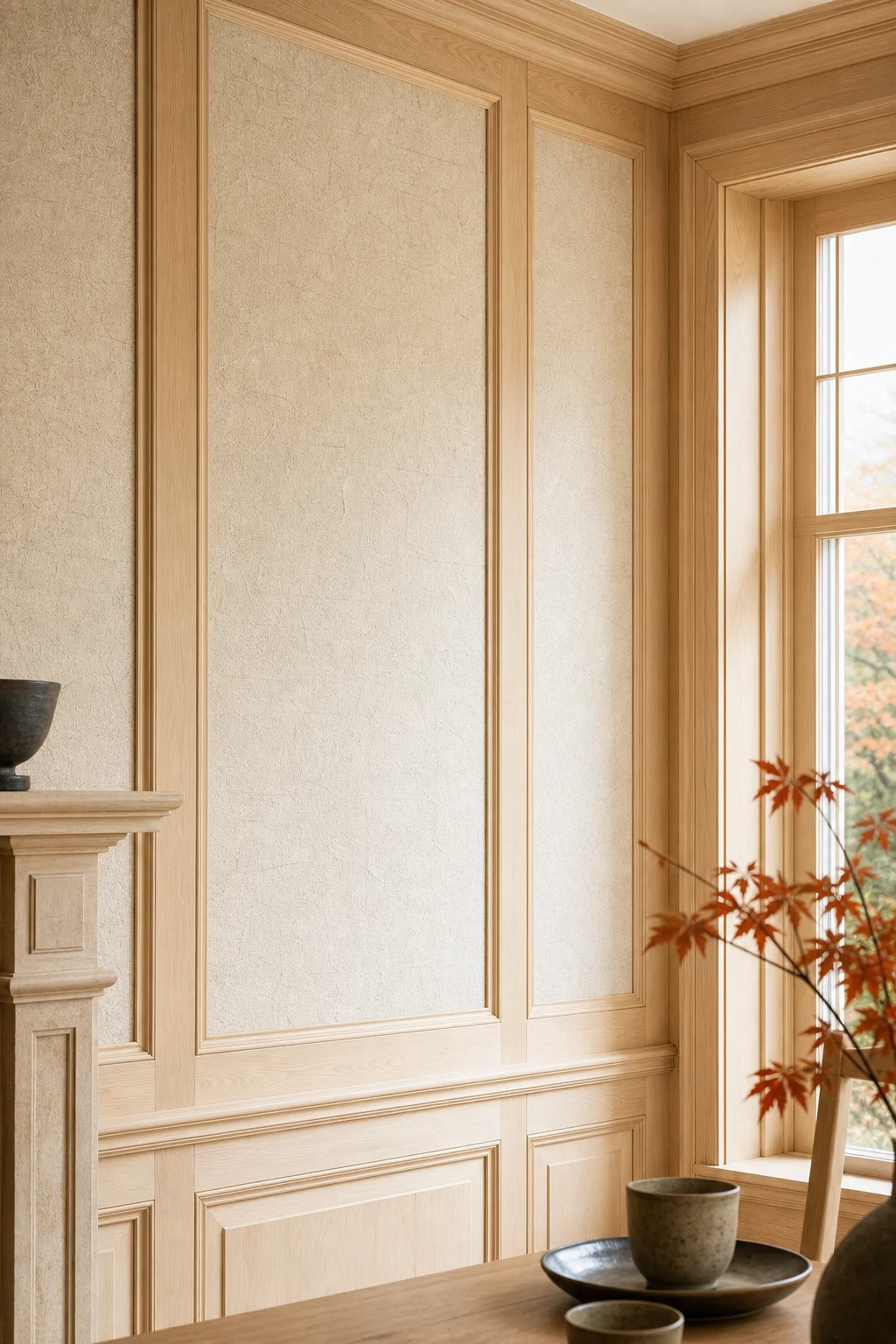 Close-up detail of pale wood Georgian wall molding framing a warm, textured washi paper insert.