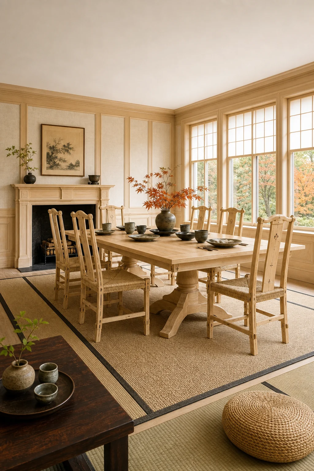 Wide corner view of a dining room featuring a pale wood Georgian table and high-backed chairs with woven rush seats.