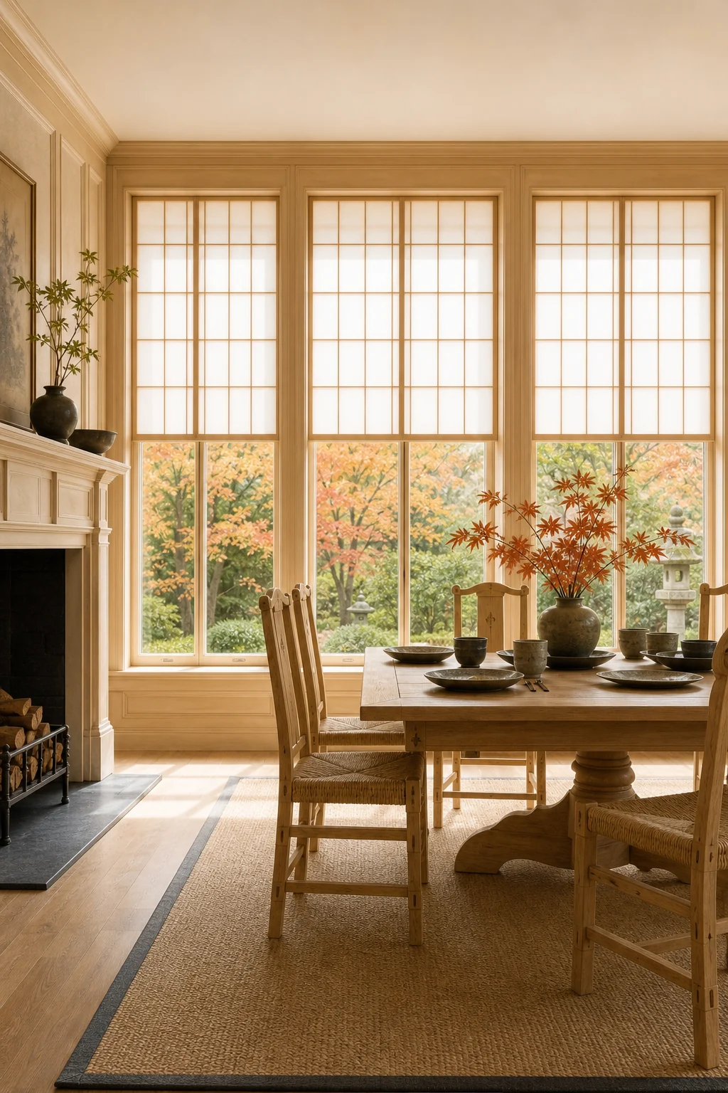 Soft daylight filtering through tall shoji-style window screens that mimic the proportions of classical Georgian sash windows.