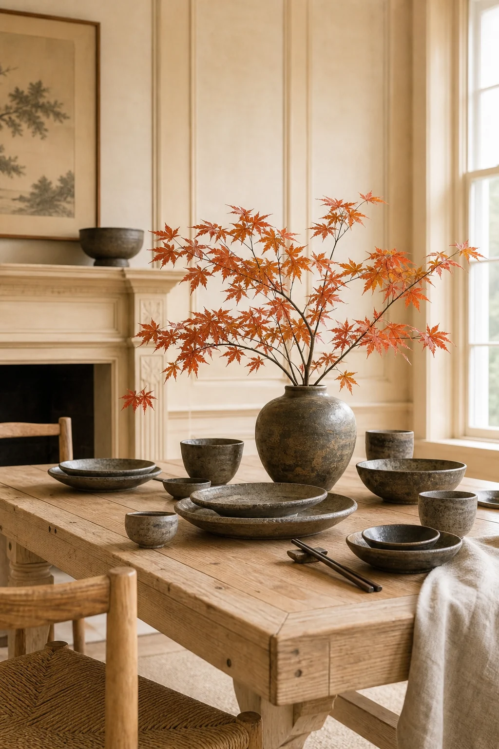 Close-up of a pale wood dining table set with matte charcoal ceramics and a vase of autumn maple branches.