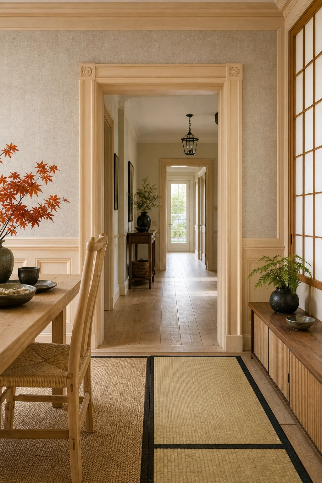 View from a dining room looking through a pale wood doorway into a minimal hallway, showing the transition of flooring.