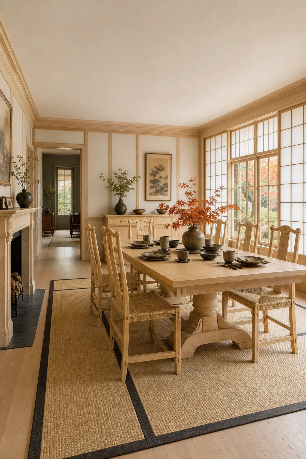 Full room view of a serene dining space blending pale wood Georgian furniture with washi paper walls and tatami floors.