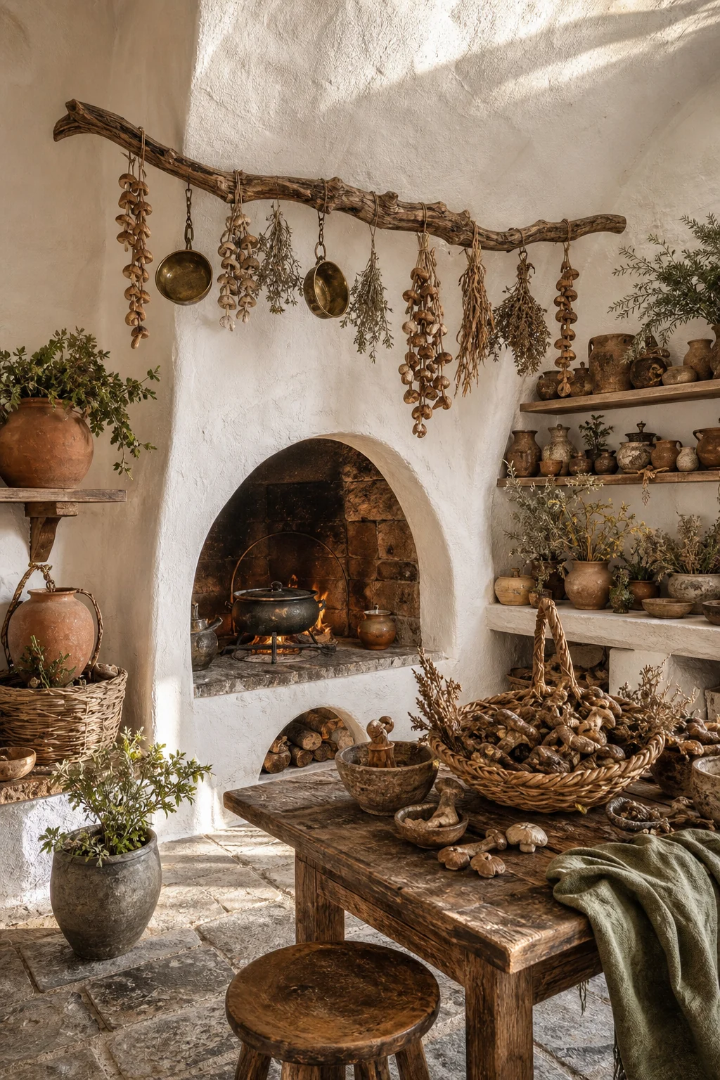 An arched Greek masonry hearth featuring a twisted Goblincore branch hanging rail with dried herbs.