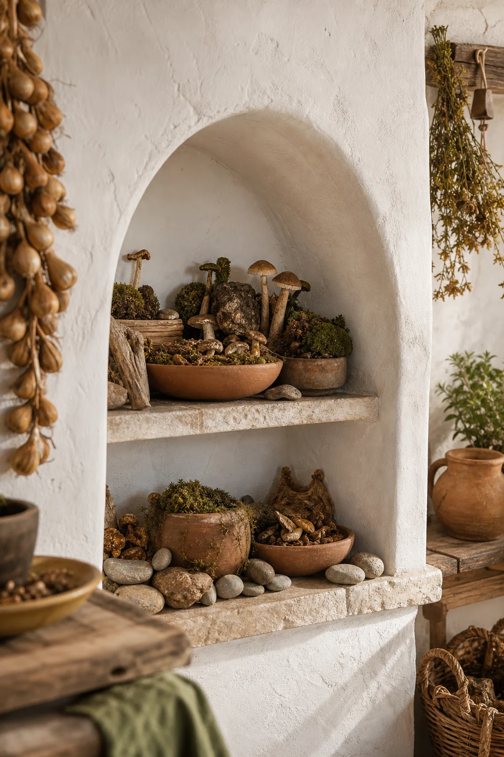 A close-up of a built-in plaster shelf lined with dried mushrooms, moss, and river stones.