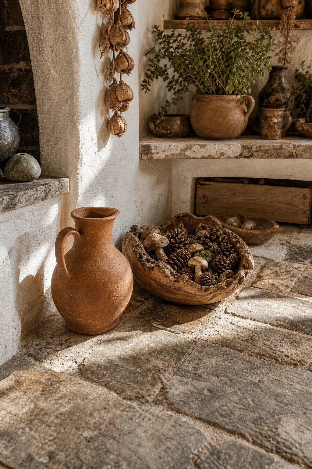 A rustic terracotta jug and an olive-wood bowl resting on a rough reclaimed stone floor.
