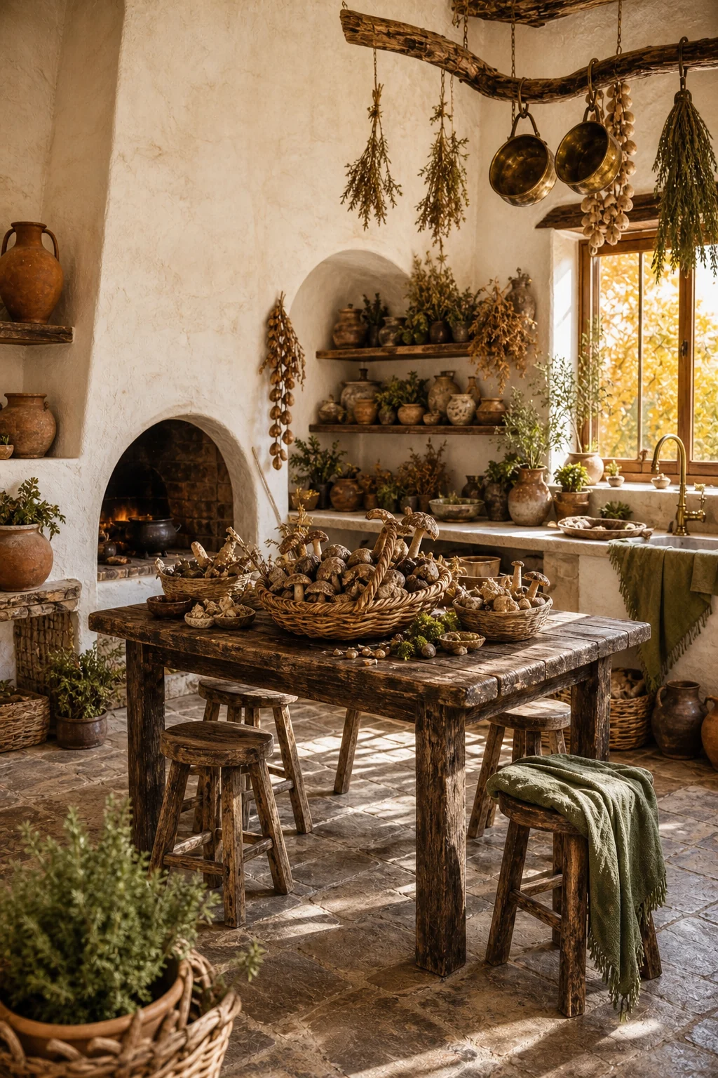 A generous view of a raw-edge wooden dining table set against whitewashed plaster walls.