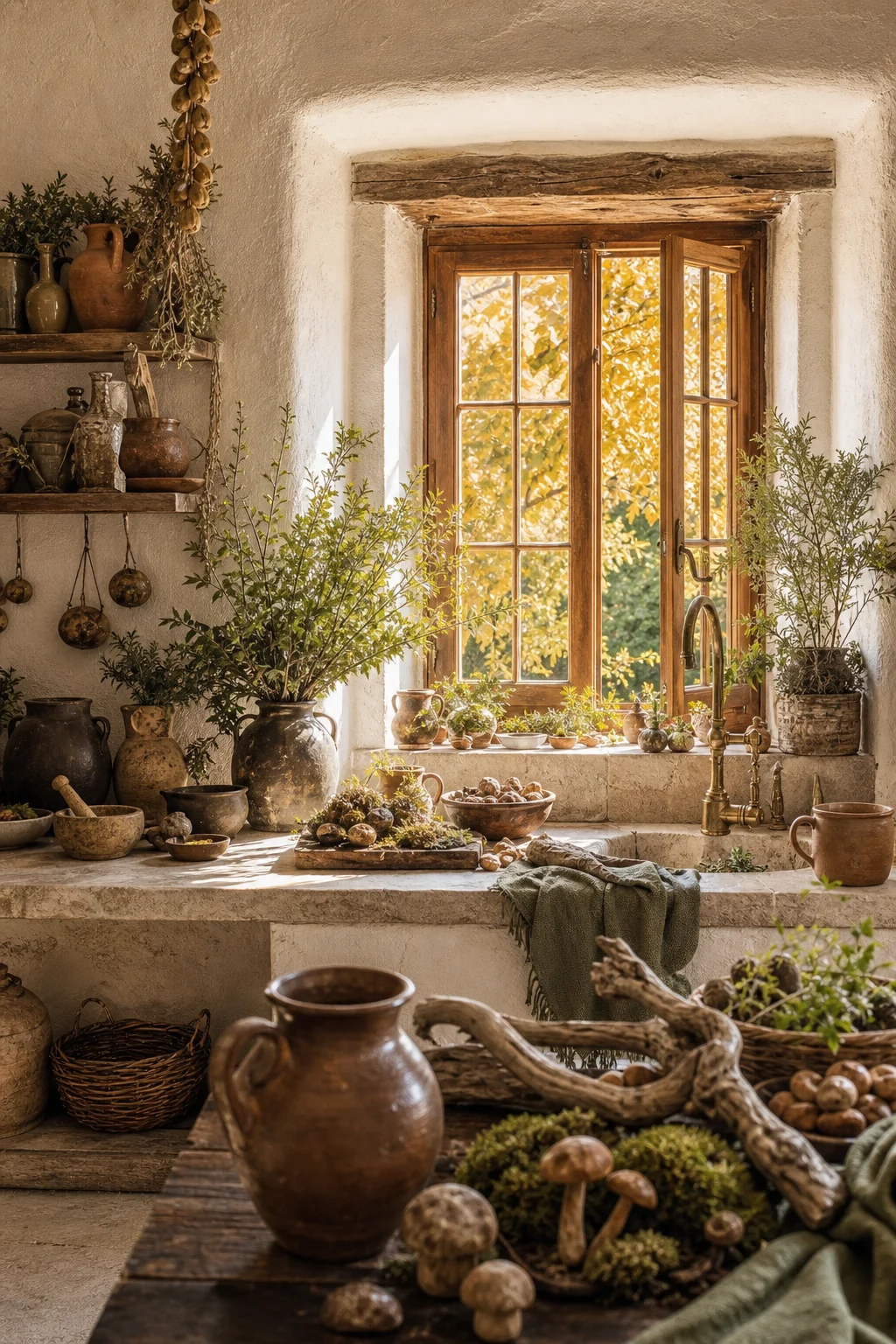 A deep masonry window with bright autumn light spilling over a cluttered, earthy prep counter.