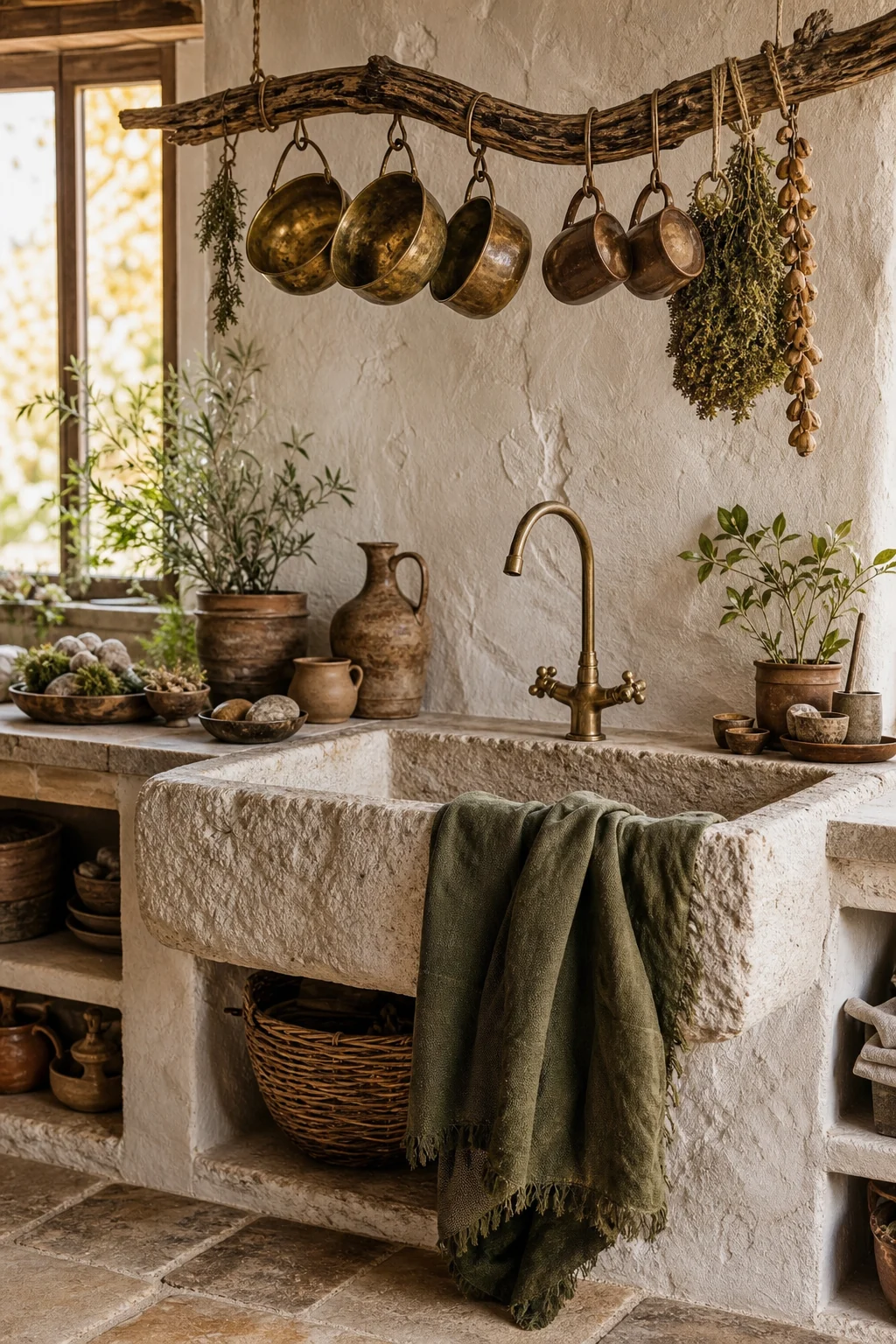 Vintage brass pots hanging from an unbarked branch over a stone sink.
