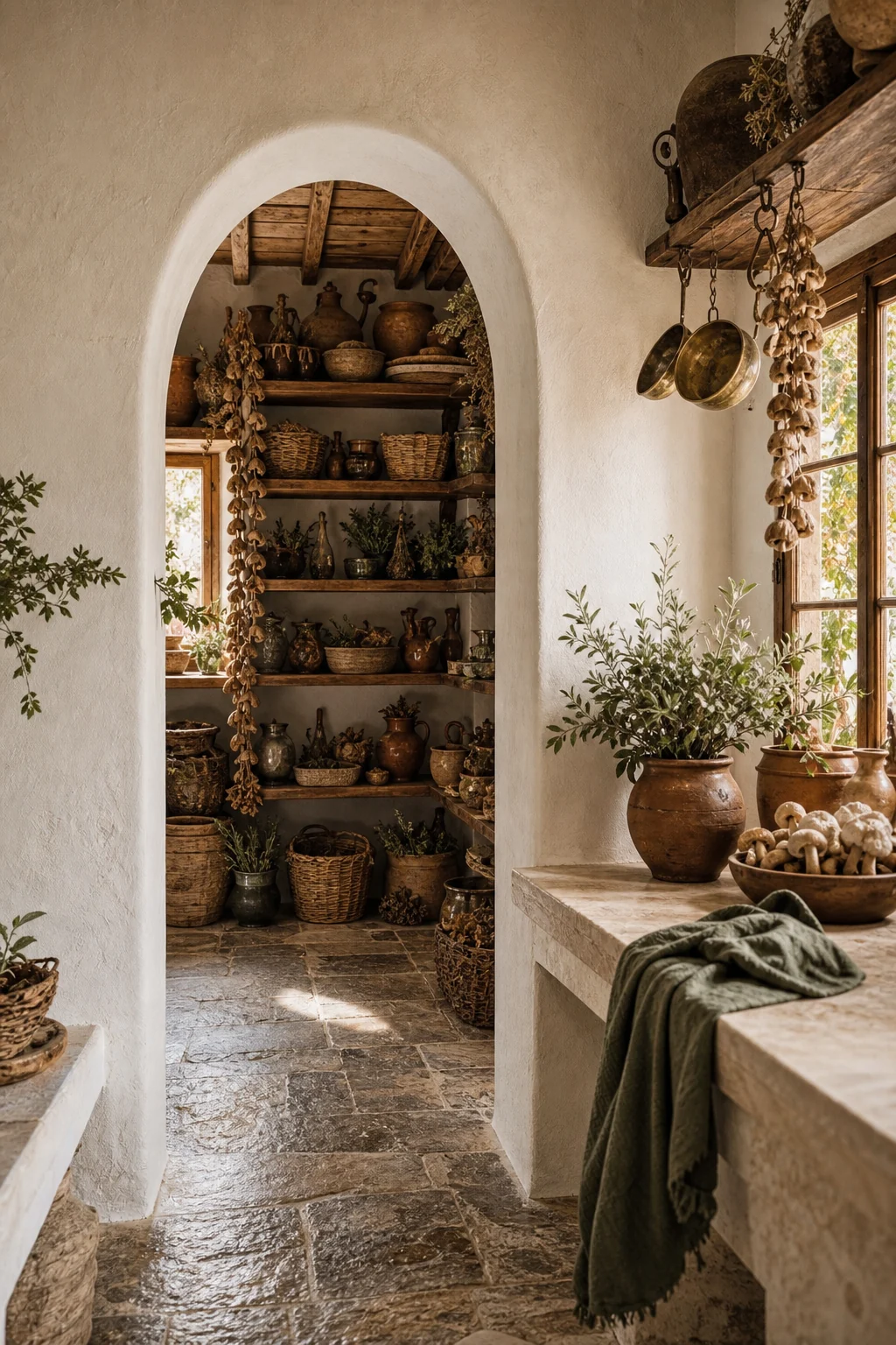 A vertical view through a thick plaster archway into a small, densely styled foraging pantry.