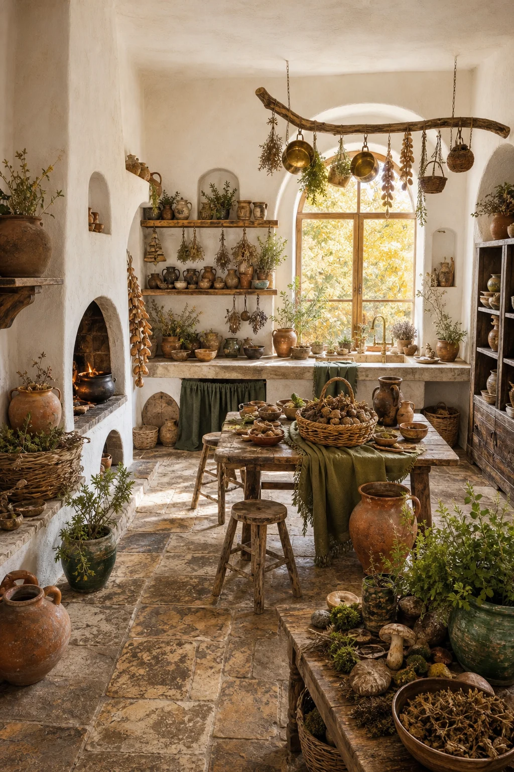 A full-room wide shot showing empty white walls balancing clustered earthy zones below eye level.