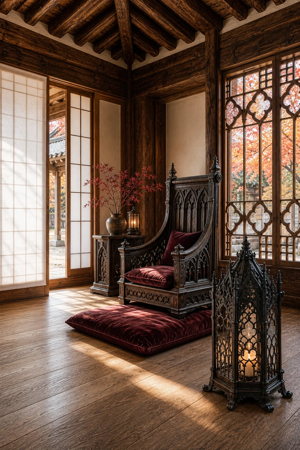 Low angle view of traditional Korean sliding doors and exposed beams next to a heavy wrought iron floor lantern.