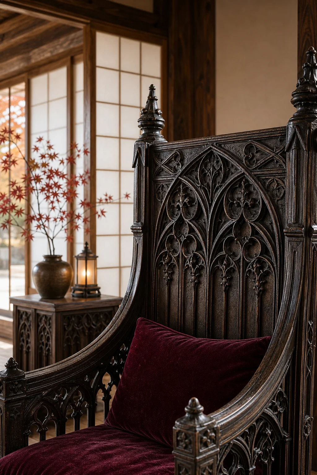 Close-up of a carved dark oak chair back against a plain white mulberry paper screen.