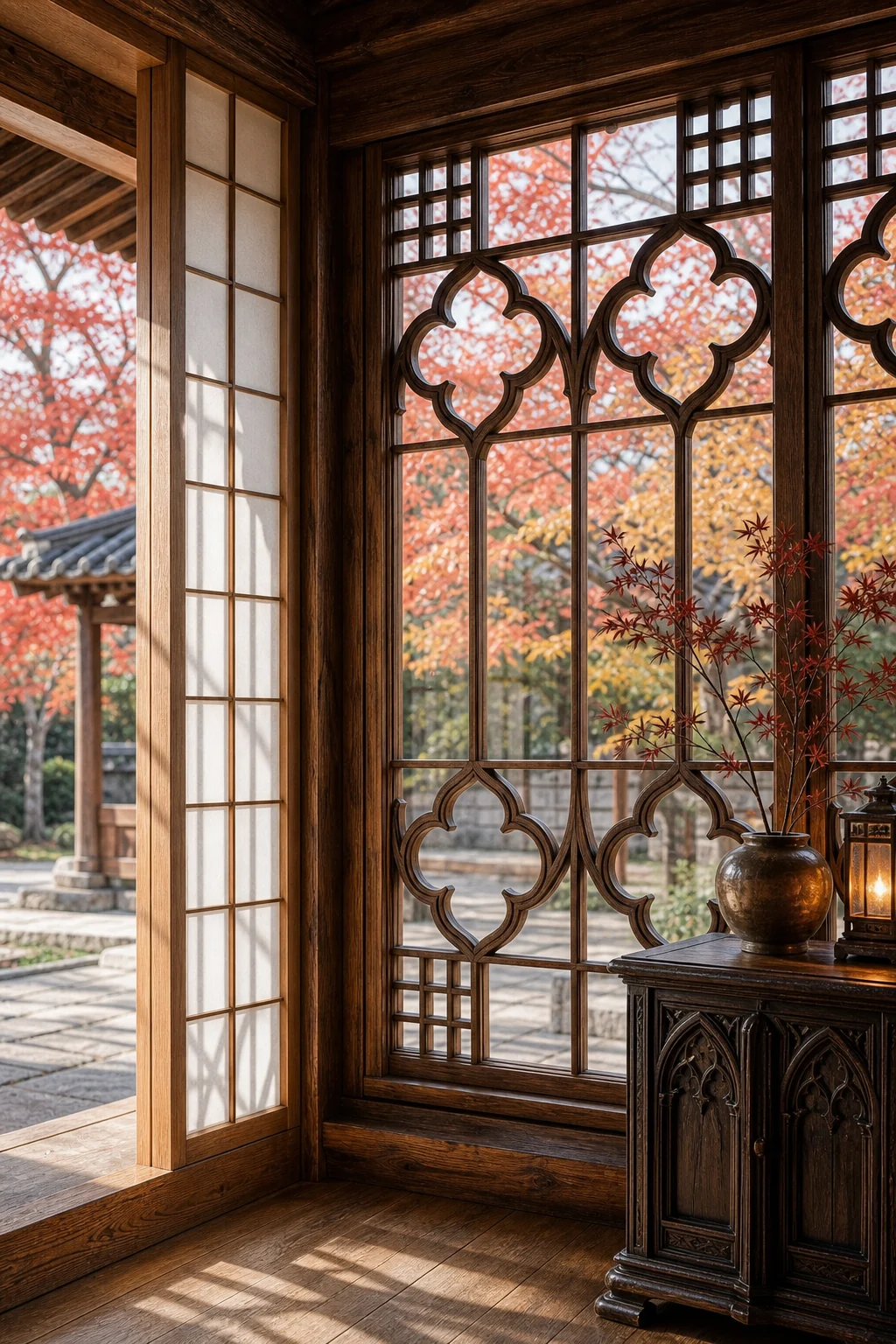 Medium shot of dark walnut window lattices blending traditional geometric grids with pointed quatrefoil tracery.