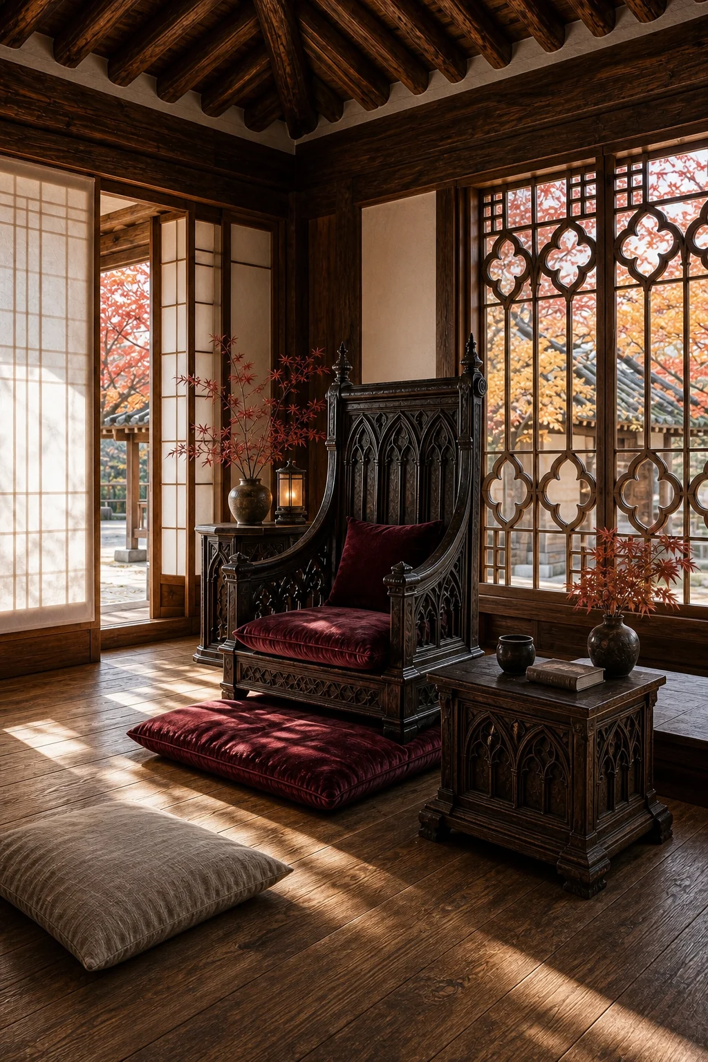 A low-slung, carved dark oak reading chair on burgundy velvet floor cushions in a traditional Korean room.