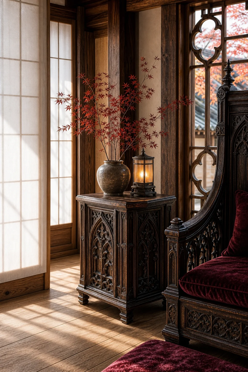 High angle view of soft sunlight filtering through paper doors onto a dark carved wood side table.