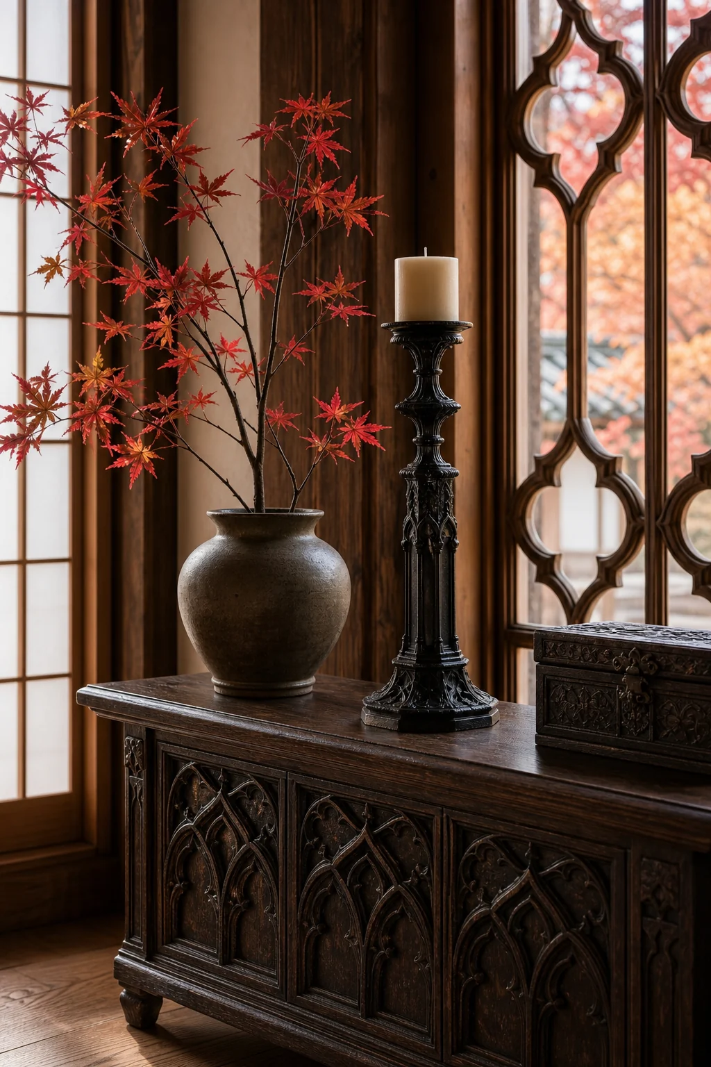 Detail view of a dark wood console holding a simple ceramic vase and an iron candlestick.