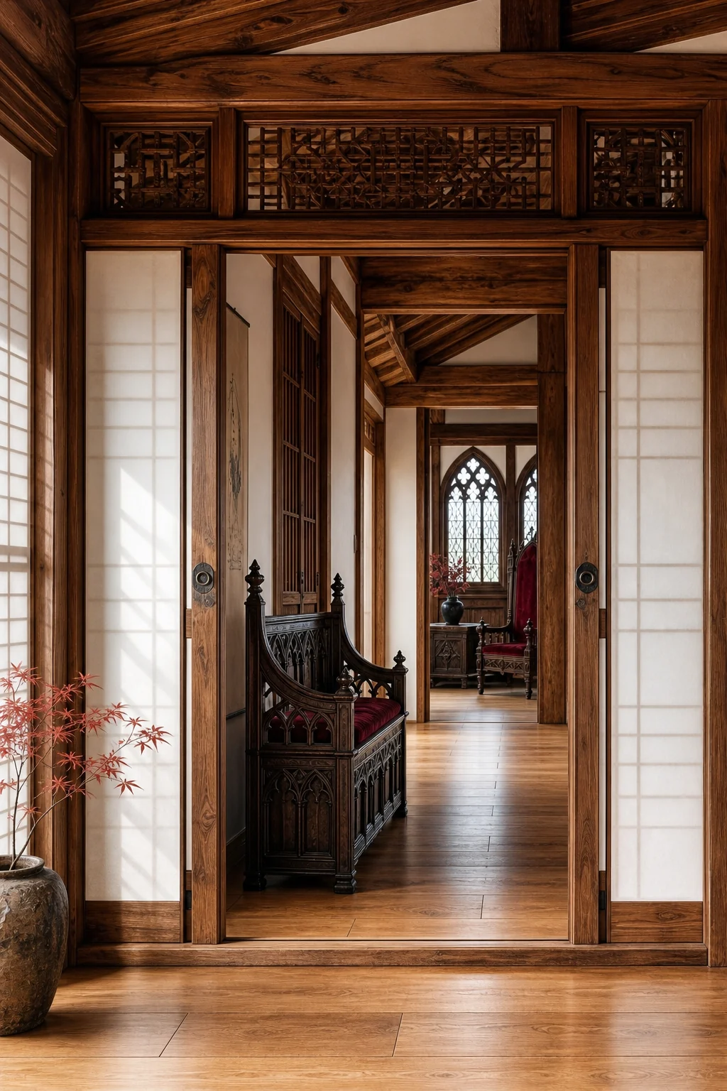 View through a traditional pine doorway into a hallway with a carved dark oak bench.